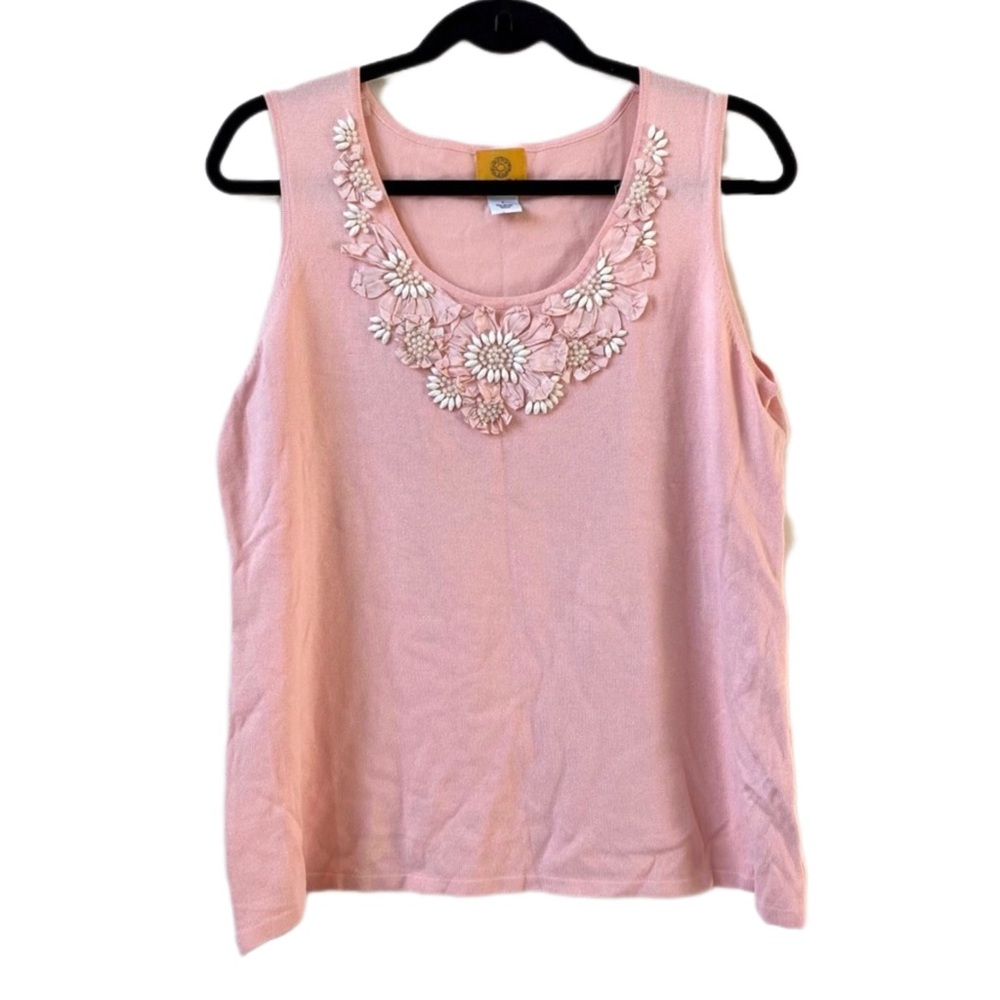 Ruby Rd. Floral Beaded Embellished Sleeveless Pink Tank Top, Large